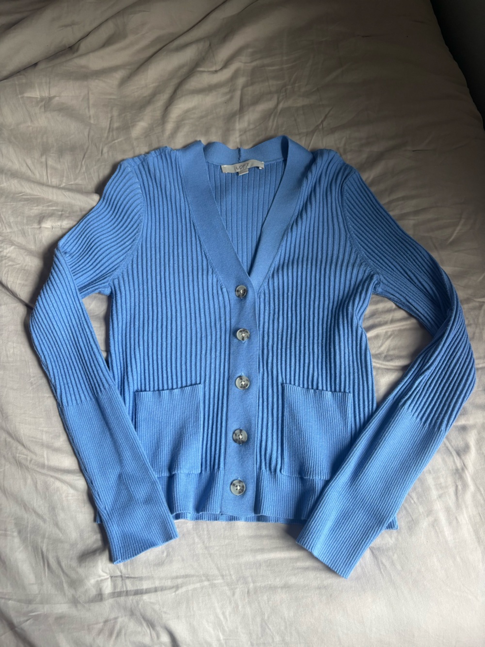 LOFT Blue Ribbed Button-Front Cardigan - Picture 1 of 4